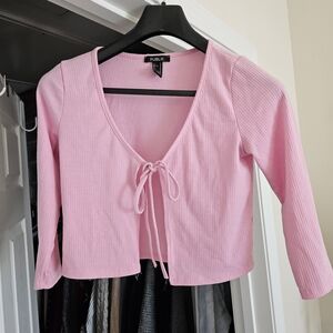 Pink Ribbed Tie-Front Cropped Cardigan